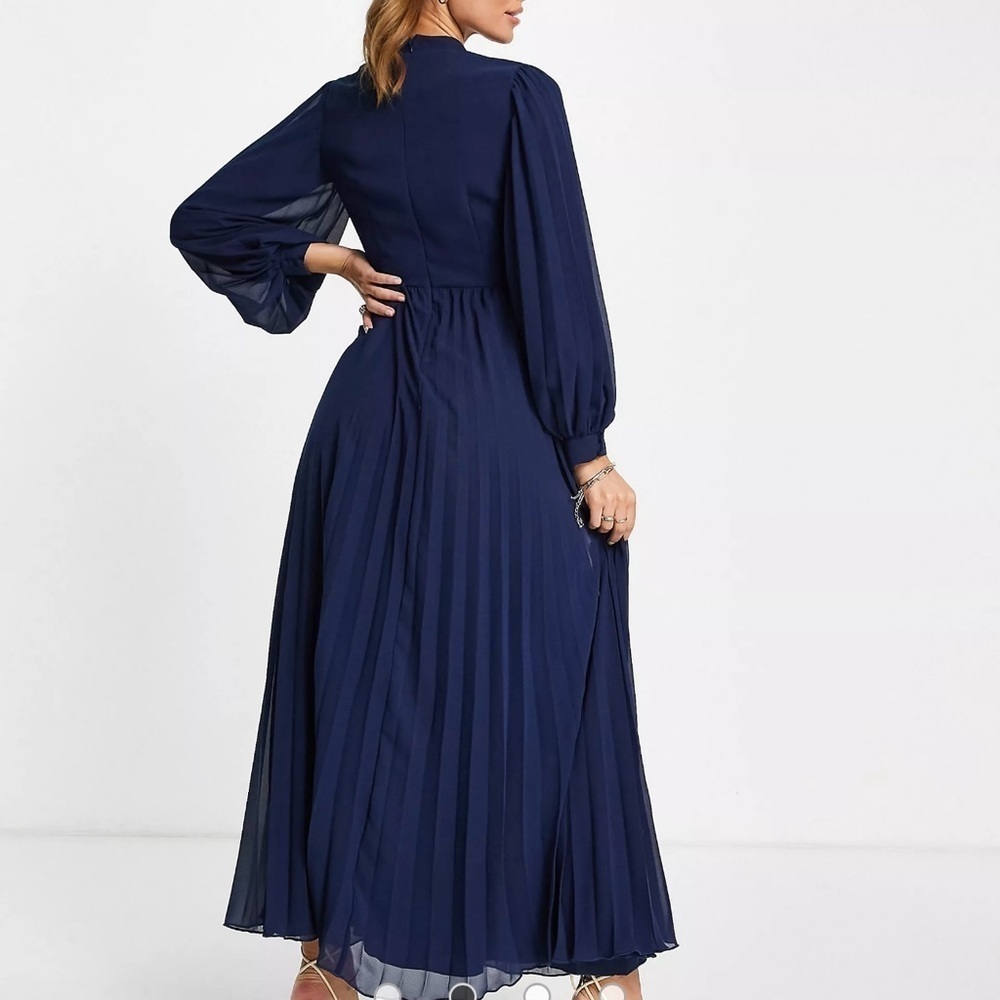 ASOS Designhighneck pleated long sleeve skater maxi dress embroidery navy - Picture 5 of 10